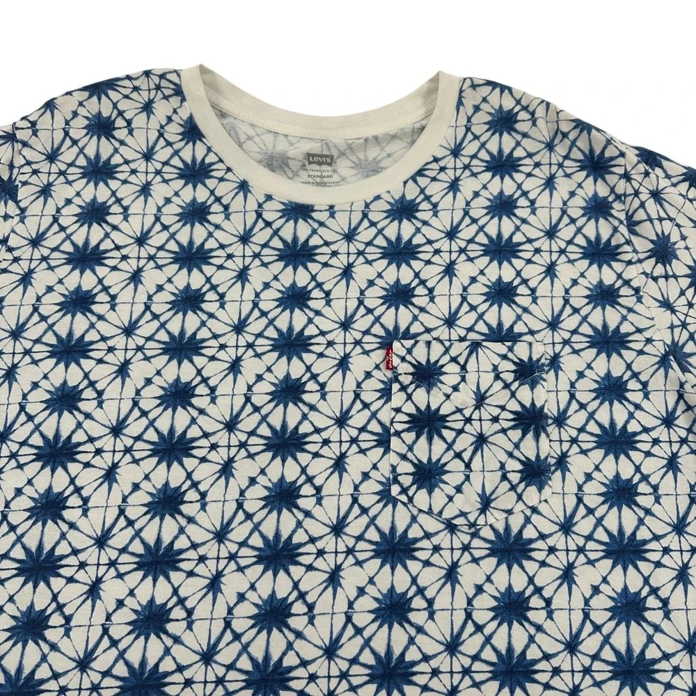 Levi's White & Blue Print Standard Fit Pocket T-Shirt Casual Top Logo Men's XL